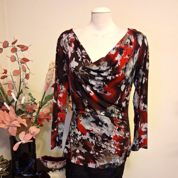 NWT Robert Kitchen Women's Red Black Gray Printed Blouse Long Sleeve Top Size 10 - Picture 2 of 8